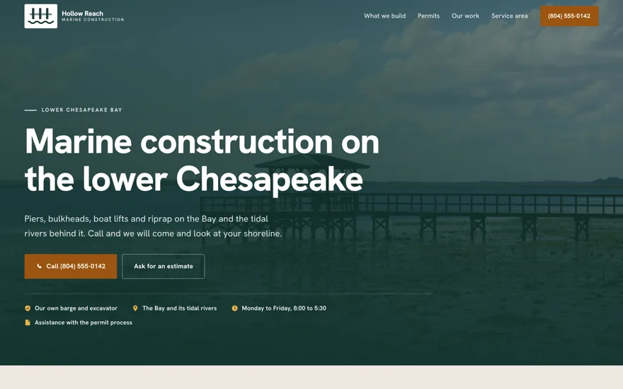 The Hollow Reach Marine Construction homepage header
